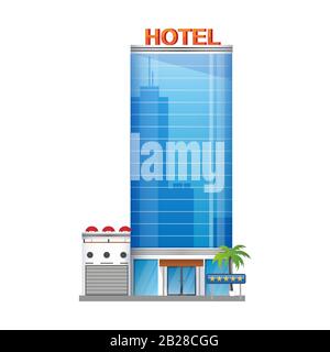 Modern hotel building, skyscrapers towers with palm trees icon isolated on white background, vector illustration. Stock Vector