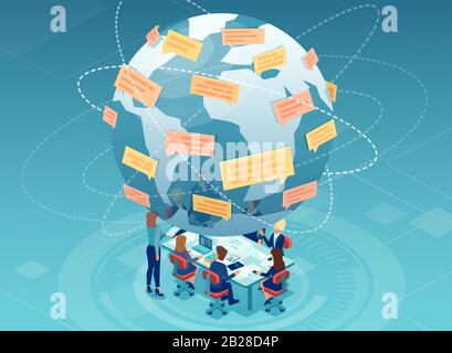 Vector of business people meeting together chatting globally through modern technology devices Stock Vector