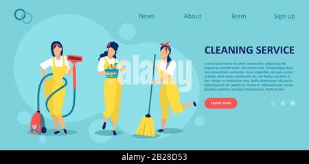 Cleaning company concept. Vector of three women a housework staff team with equipment Stock Vector
