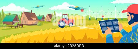 Vector of a farmer managing his farm with an app on his tablet. Smart farming and future technologies concept Stock Vector