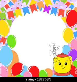 Happy birthday greeting card with a cute cartoon character. With copy space for your text. Picture on the background of bright balloons, confetti and Stock Vector