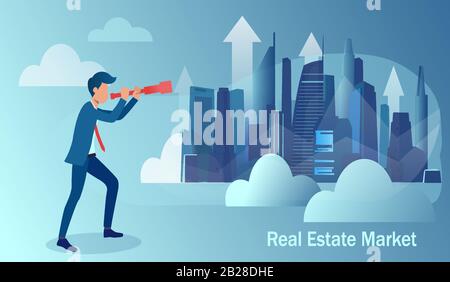 Vector of a businessman looking at cityscape trying to predict real estate market Stock Vector