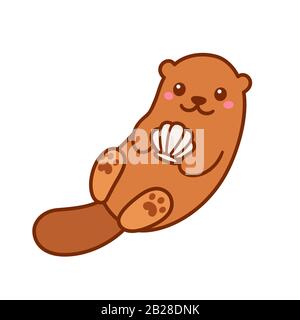 Cute cartoon otter holding seashell. Funny animal drawing in simple kawaii style. Vector character clip art illustration. Stock Vector
