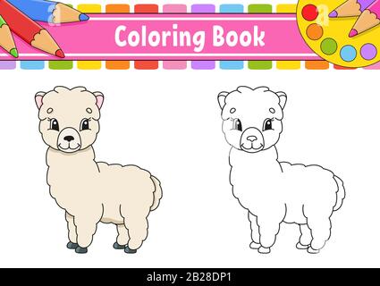 Coloring book for kids. Cheerful character. Vector color illustration. Cute cartoon style. Fantasy page for children. Black contour silhouette. Isolat Stock Vector