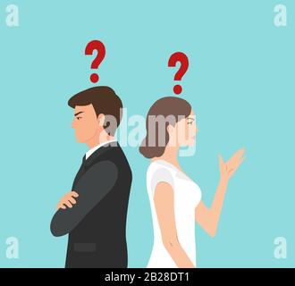 Vector of an angry couple standing back to back have many problems and questions in their relationship Stock Vector