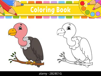 Coloring book for kids. Cheerful character. Vector color illustration. Cute cartoon style. Fantasy page for children. Black contour silhouette. Isolat Stock Vector