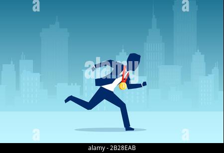 Vector of a running business man with a first place gold medal reward Stock Vector