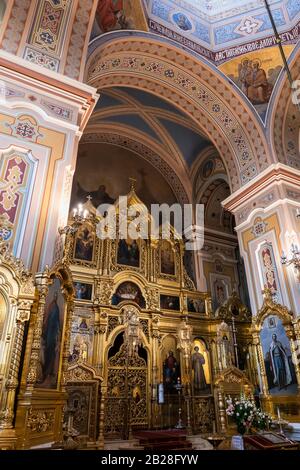 Warsaw, Poland - August 24, 2019: Altar in Metropolitan Cathedral of Saint Mary Magdalene interior, Polish Orthodox Church from 1869, Russian Revival Stock Photo