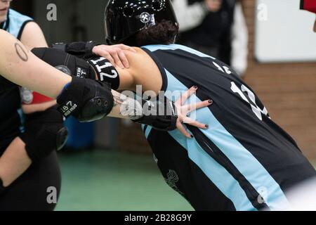 Madrid, Spain. 29th February, 2020. Detail of the hand of a player of Roller Derby Vigo during the game qualifying for the Spanish roller derby championship held in Madrid. © Valentin Sama-Rojo/Alamy Live News. Stock Photo
