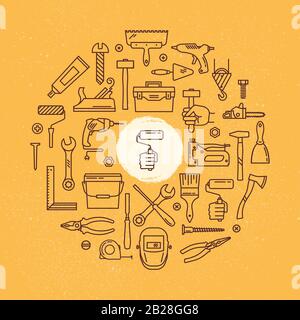 A circular pattern from a set of vector icons of various tools for construction and building. Stock Vector