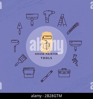 A circular set of vector linear symbols of tools for construction. Stock Vector
