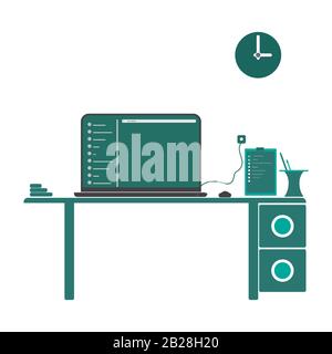 Illustration overtime to do deadline tasks. Laptop mock up on table. simple flat illustration deadline tasks Stock Vector