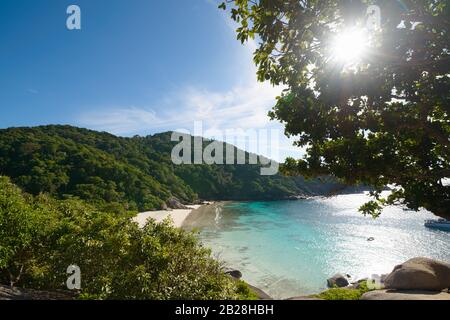 High view of Similan island Andaman sea. Beautiful white sand beach, crystal clear sea water, sun and sunrays at tropical island, top view. Similan is Stock Photo