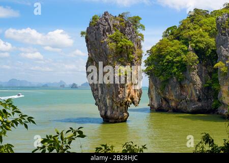 Landscape of amazing James Bond Island and Ko Tapu rock, tropical sea beach near Phuket, Phang Nga Bay, Thailand. Stock Photo