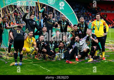 London, UK. 1st Mar 2020. Manchester City players with Trophy Carabao Cup Final between Aston Villa and Manchester City at Wembley Stadium, London, England on 01 March 2020 Credit: Action Foto Sport/Alamy Live News Stock Photo