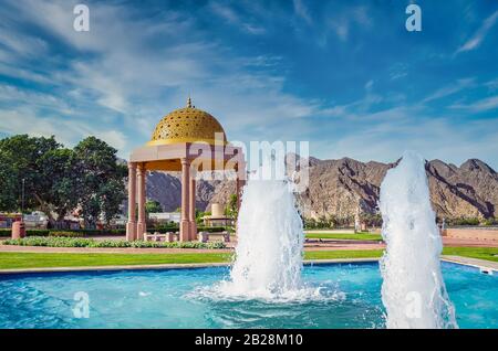 Stop Motion Photograph of Water Fountains in front of Gazebo Dome in Muttrah Corniche. From Muscat, Oman. Stock Photo