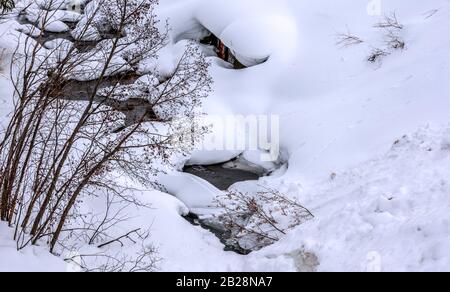Jim Creek under snow cover in Winter Park ski resort, Colorado Stock Photo