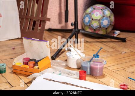 Set for fine art. Preparation for drawing. Childrens toys and paints. Stock Photo