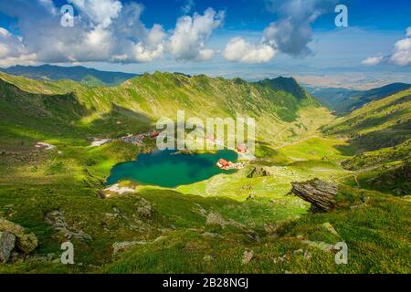 Balea lake in Fagaras mountains, Romania Stock Photo