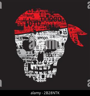 Computer virus, Grunge cool pirate skull. Illustration of grunge stylized funny skull with destroyed binary codes and red scarf on his head. Stock Vector