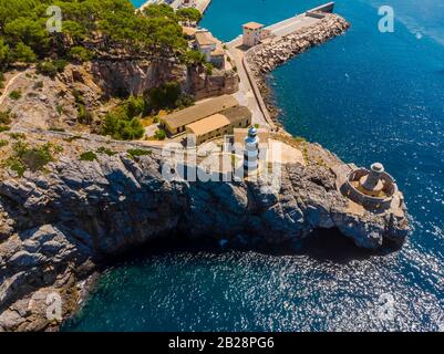 Aerial view, Port de Soller, Serra de Tramuntana, bay and marina with lighthouse, Majorca, Balearic Islands, Spain Stock Photo