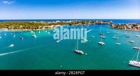 Aerial view, Bay, Port of Portocolom, Punta de ses Crestes, Potocolom, Majorca, Balearic Islands, Spain Stock Photo