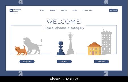 Psychological counseling landing page vector template. Pawn dropping shadow of queen, cat become lion and small house become skyscraper. Hidden potential, personal growth flat webpage concept. Stock Vector