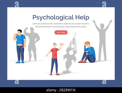 Psychological help landing page flat vector template. Depressive person with happy man shadow, boy with paper plane and rocket shadow, man eating chocolate and shadow of athletic person. Stock Vector