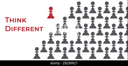 Silhouettes of grey pawns and one red queen apart vector illustration. Think different, be not like the other, stand out from the crowd, be uniqueness, individuality, creativity design element. Stock Vector