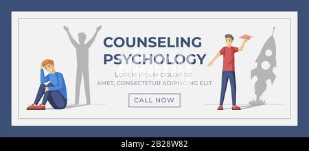 Counseling psychology web banner template. Vector concept of depression treatment and personal growth. Depressive person with happy man shadow, boy with paper plane and rocket shadow poster design. Stock Vector