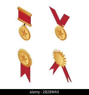 Gold trophy medals with red ribbons isometric illustration isolated on a white background. Golden award, victory, success, reward, icons. First place, and triumph concept. Stock Vector