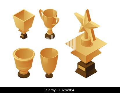 Set of golden cups and trophies on wooden pedestal. Gold awards vector isometric illustration. Professional and sports achievements concept. Winner, leader, and triumph icons. Stock Vector