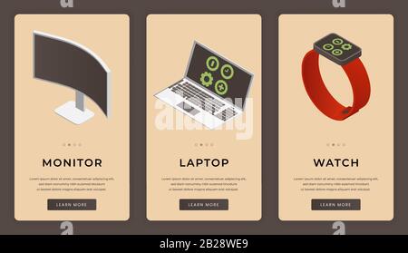 Smart digital devices vector mobile app screens. Computer or tv monitor, thin laptop and smart watches isometric illustration with text space. Modern electronic devices concept. Stock Vector