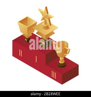 Golden cups on the podium, first, second and third place vector illustration. Prizes for the champions, triumph and trophies isometric concept isolated on white background. Stock Vector