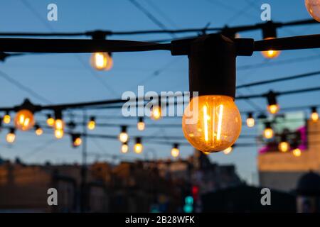 Light bulbs on the evening blue sky. Stock Photo