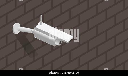 White surveillance camera on the brick wall isometric vector illustration. Cctv, outdoor security camera, safety home protection, intelligent security system vector concept. Stock Vector