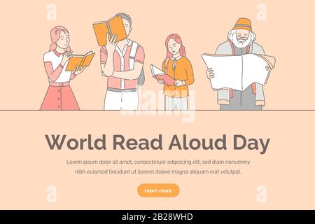 World read aloud day vector banner template. Intelligent people reading books, newspapers, and magazines cartoon outline illustration. Intellectual hobby, studying landing page concept. Stock Vector
