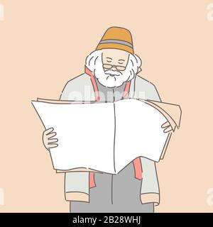 Adult man in glasses reading newspaper or magazine vector cartoon illustration. Intelligent man in casual clothes browsing fresh news from journal outline concept isolated on pink background. Stock Vector