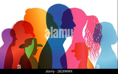 Silhouette profiles diversity people. Diverse multiethnic multicultural group people of different ages and nationalities. Intercontinental dialogue. Stock Photo