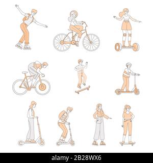 Happy smiling boys and girls riding on modern personal transport vector cartoon illustration. People with roller skates, bicycles, self-balancing scooters, skateboards, and scooters outline concept. Stock Vector