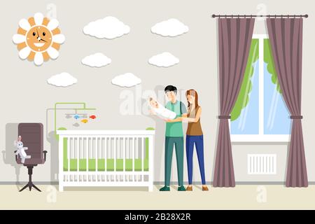 Happy smiling parents holding newborn baby in hands and standing in baby room vector flat illustration. Mother, father and child together in home. Parenting, togetherness, happy parents day concept. Stock Vector