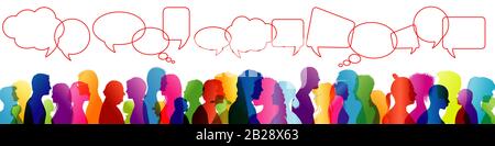 Crowd talking. Speech between people. To communicate. Group of people colored profile silhouette. Speech bubble. Speaking Stock Photo