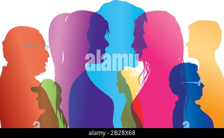 Talking crowd. Dialogue between people of different ages.Colored silhouette profiles.Diversity people.Multiethnic.Speech.Talk.Diverse culture. Stock Vector