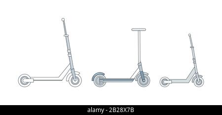 Modern personal transport vector cartoon illustration. Set of different kick scooters, urban wheels, personal transportation gadgets, eco-friendly vehicles outline concept. Stock Vector