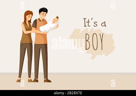 It a boy vector flat banner concept with text space. Happy mother and father holding their newborn baby. Baby shower invitation, parenting, togetherness, happy parents day card design. Stock Vector