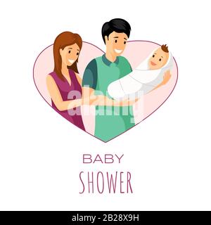 Baby shower invitation card design. Parents in heart shaped pink frame and a baby in tender embrace vector flat illustration. Mother, father and child, parenting, love, happy parents day card concept. Stock Vector