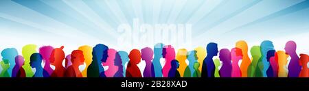 Crowd. Group diversity people. Team. Communication multiethnic people. Colored silhouette profiles Stock Photo