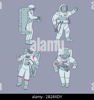 Astronauts in spacesuits isolated on blue background. Spacemen, cosmonauts with space equipment vector cartoon illustration. Human spaceflight, walking among planets and stars outline concept. Stock Vector