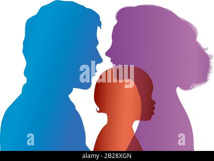 Family concept.Mom dad and son.Family love.Happy couple with baby.Modern family.Isolated.Adoption. Profile silhouette Stock Vector