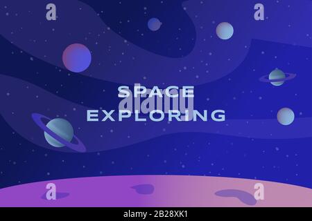Space exploring vector banner design with text space. Pink planet landscape, surface of the planet with craters, stars and planets in the dark blue sky. Cosmic background concept. Stock Vector